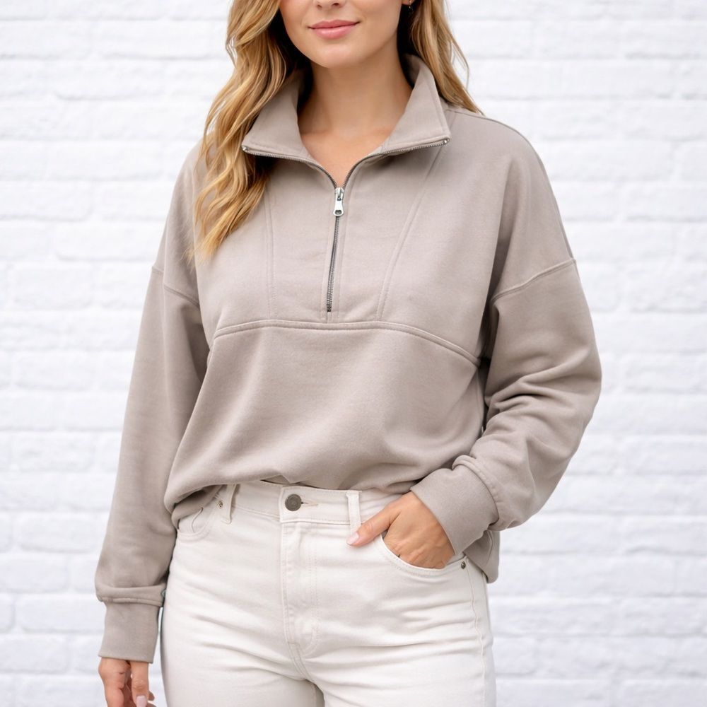 Wilo Quarter Zip Pullover Top – Size Large – Neutral Taupe